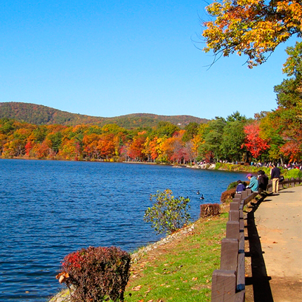 Trail next to water in the fall at Bear Mountain State Park