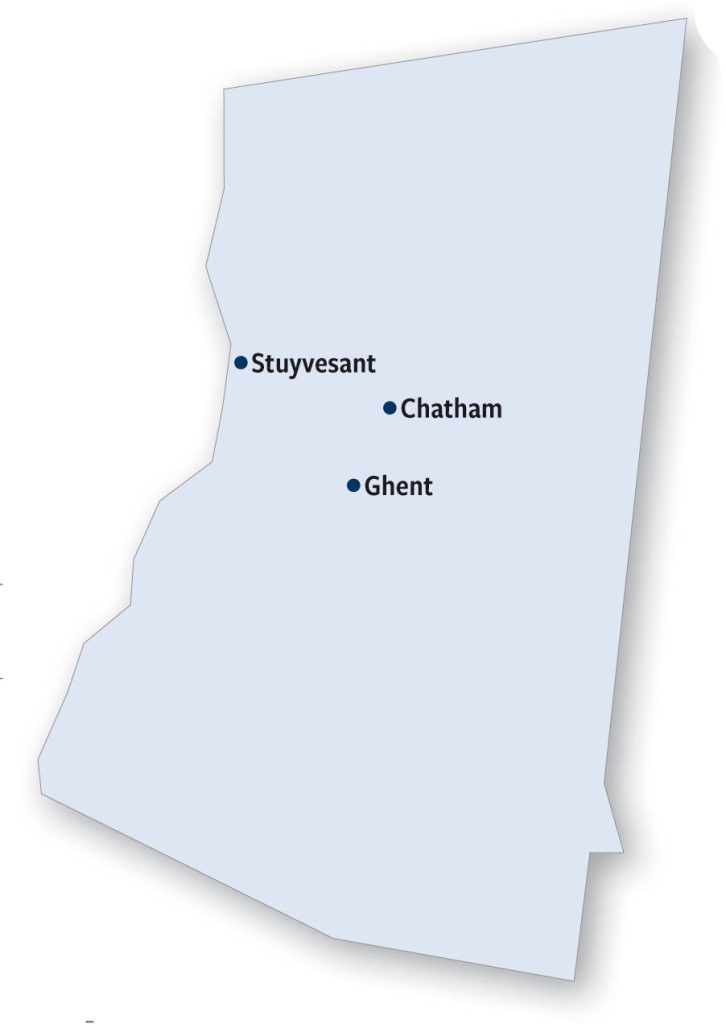 Map of Columbia County with cities of Stuyvesant, Chatham, and Ghent labeled