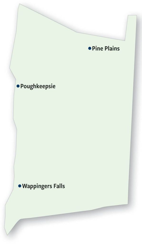 Map of Columbia County with cities of Pine Plains, Poughkeepsie, and Wappingers Falls labeled
