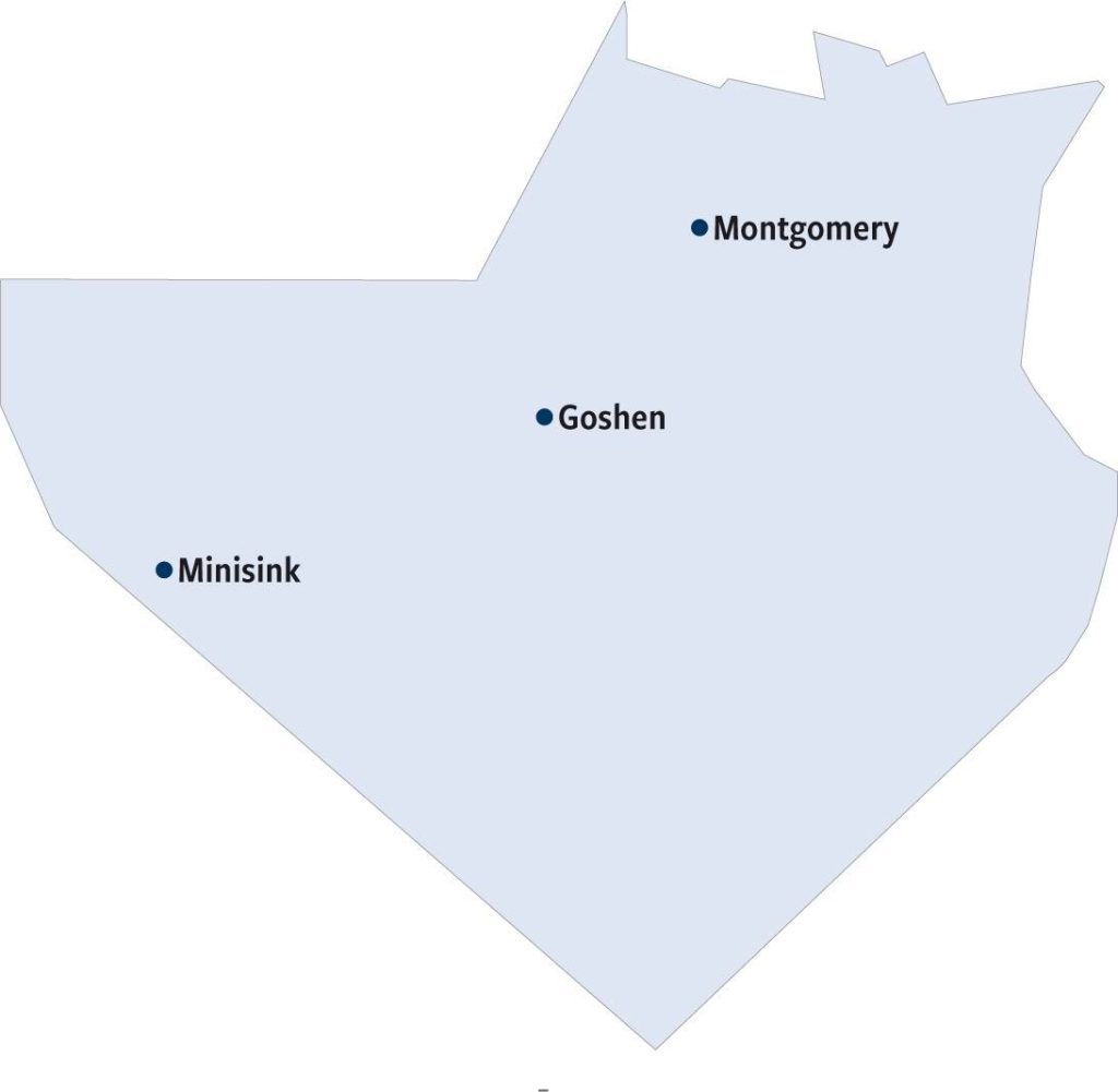 Map of Orange County with cities of Montgomery, Goshen, and Minisink labeled