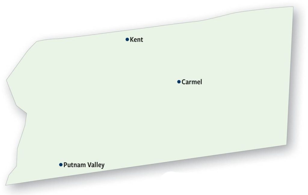 Map of Putnam County with cities of Kent, Carmel, and Putnam Valley labeled