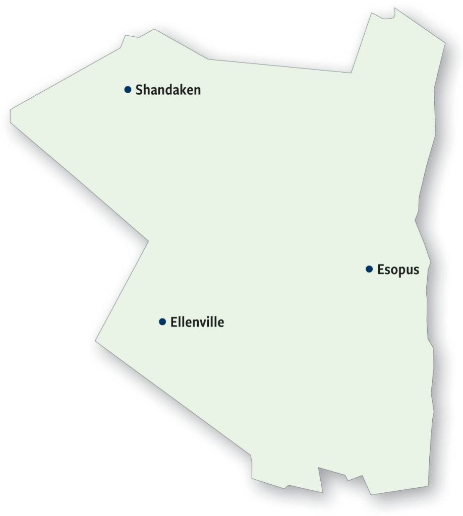 Map of Ulster County with cities of Shandaken, Esopus, and Ellenville labeled