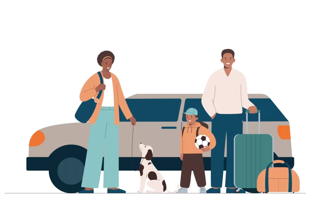 Graphic of a family packing up for a road trip