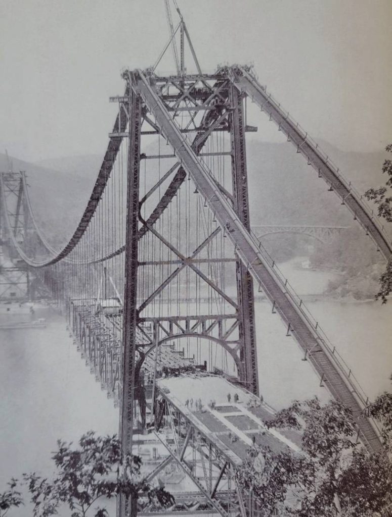 Black & white old photo of Bear Mountain Bridge construction