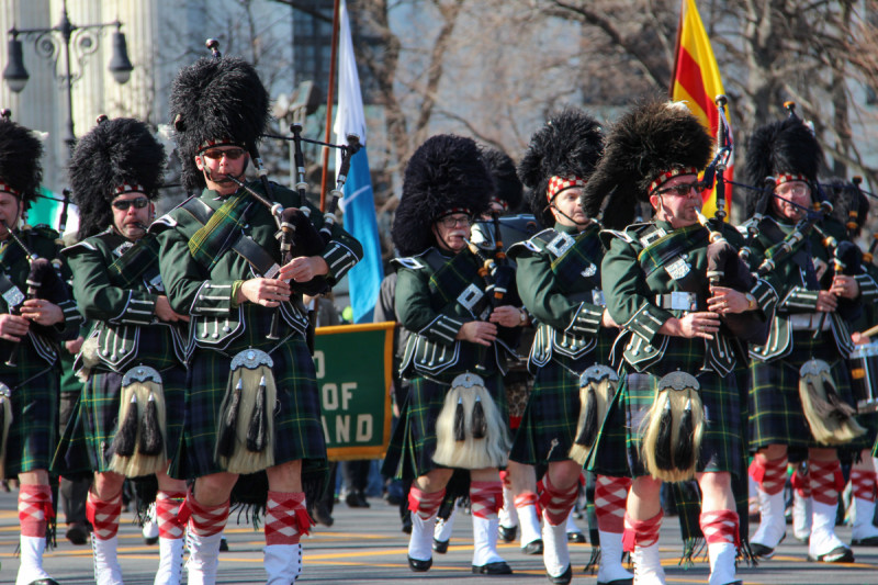 Bagpipe players marching in Albany St. Patrick's Day Parade