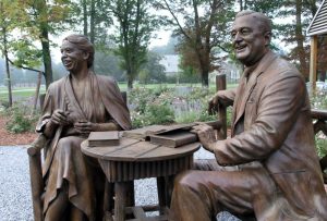 Eleanor and Franklin D. Roosevelt bronze statues at the FDR Presidential Library and Museum in Hyde Park.