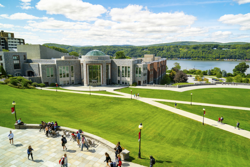 Marist College campus along the Hudson River on a sunny day.
