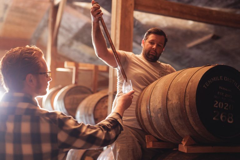 Distributing sample at Tenmile Distillery, Wassaic, Dutchess County