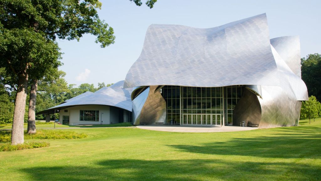 An exterior photo of the iconic Fisher Center at Bard College.