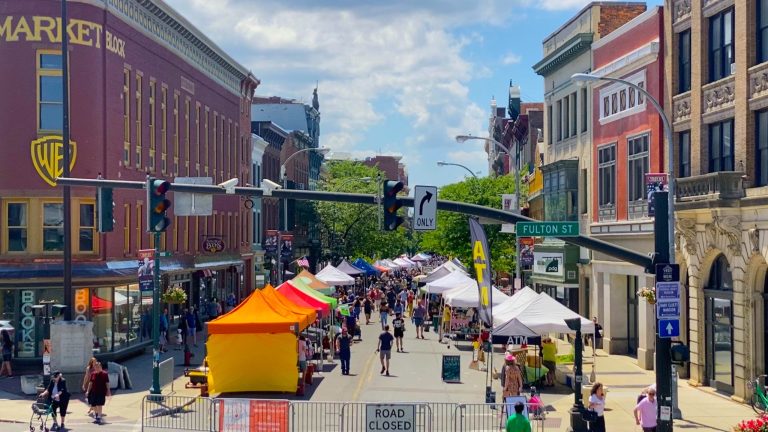 Aerial view of street, Troy Waterfront Farmers Market, Rensselaer
