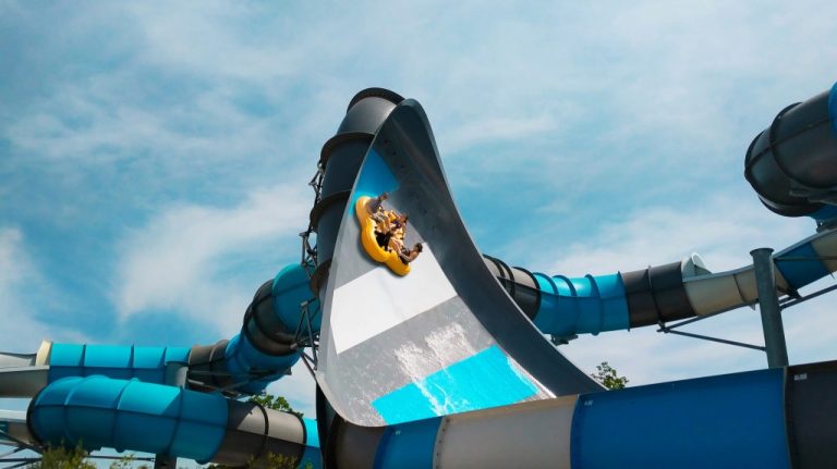 A family enjoying a ride on The Megalodon water slide at SplashDown Beach Water Park in Fishkill.