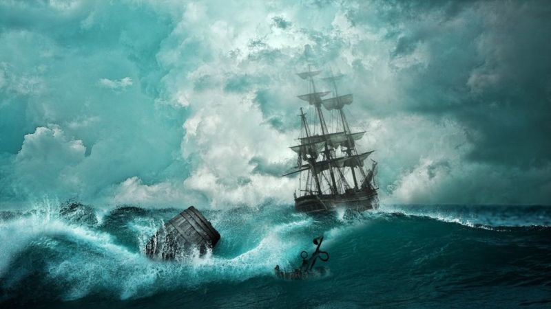 Painting of a large ship sailing on stormy seas.