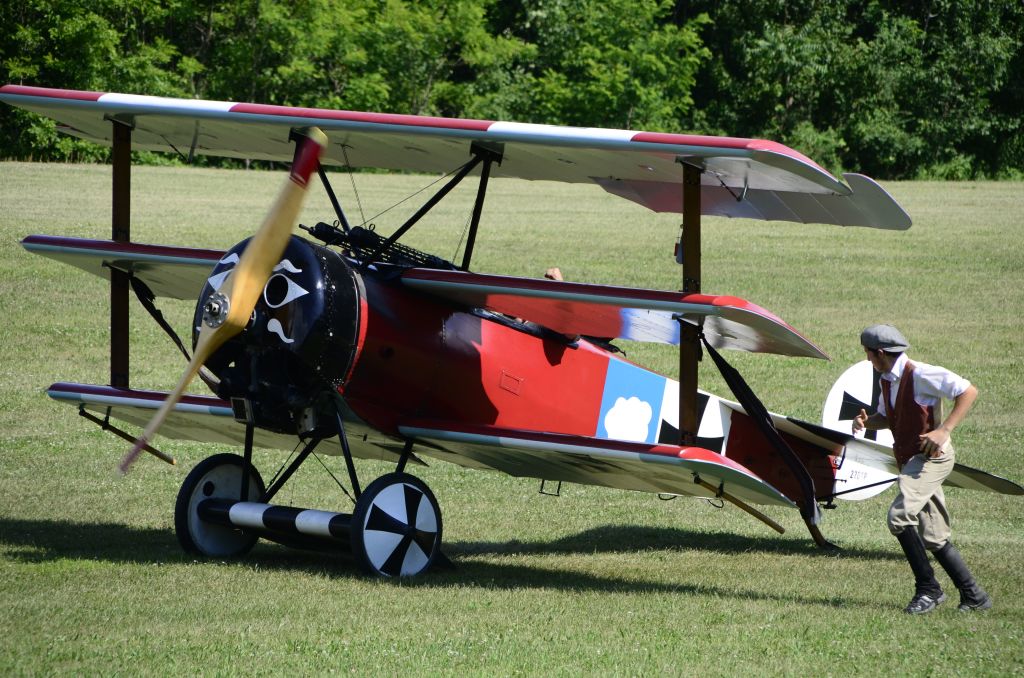 An antique airplane is ready for takeoff at the Old Rhinebeck Aerodrome in Red Hook