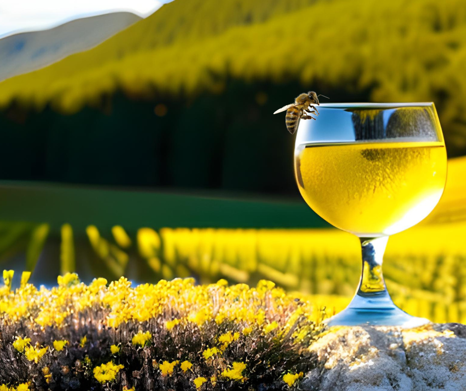 A honeybee sits on the rim of a glass of mead with a field of yellow flowers in the background.