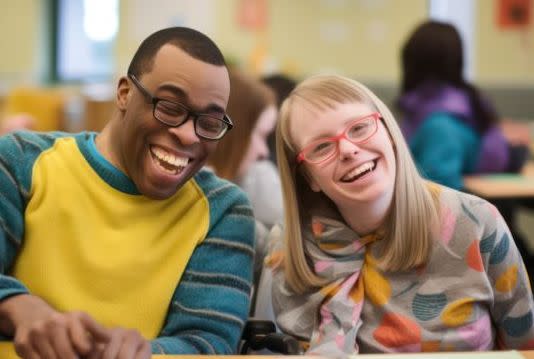 An African American boy and a Caucasian girl, both wearing glasses, smile broadly for the camera at the Mid-Hudson Discovery Museum in Poughkeepsie.