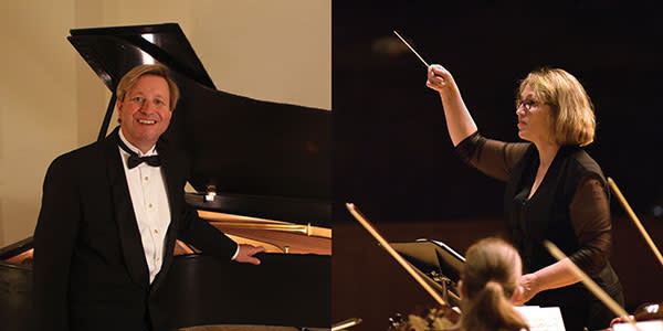 Two photos side by side: On the left is a photo of pianist Paul Bisaccia wearing a tuxedo and smiling as he stands next to his piano. On the right, Kathleen Beckmann conducts the orchestra.