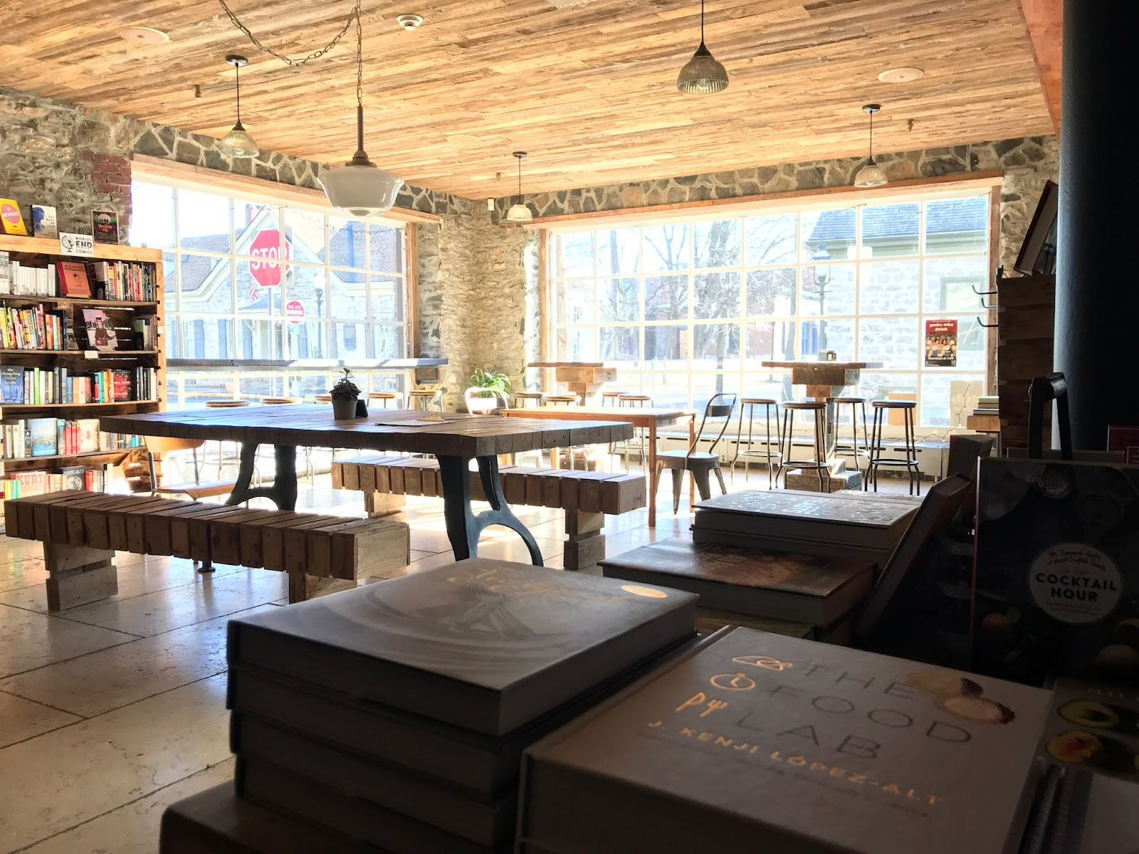 Rough Draft bookstore, cafe, and bar interior seating area