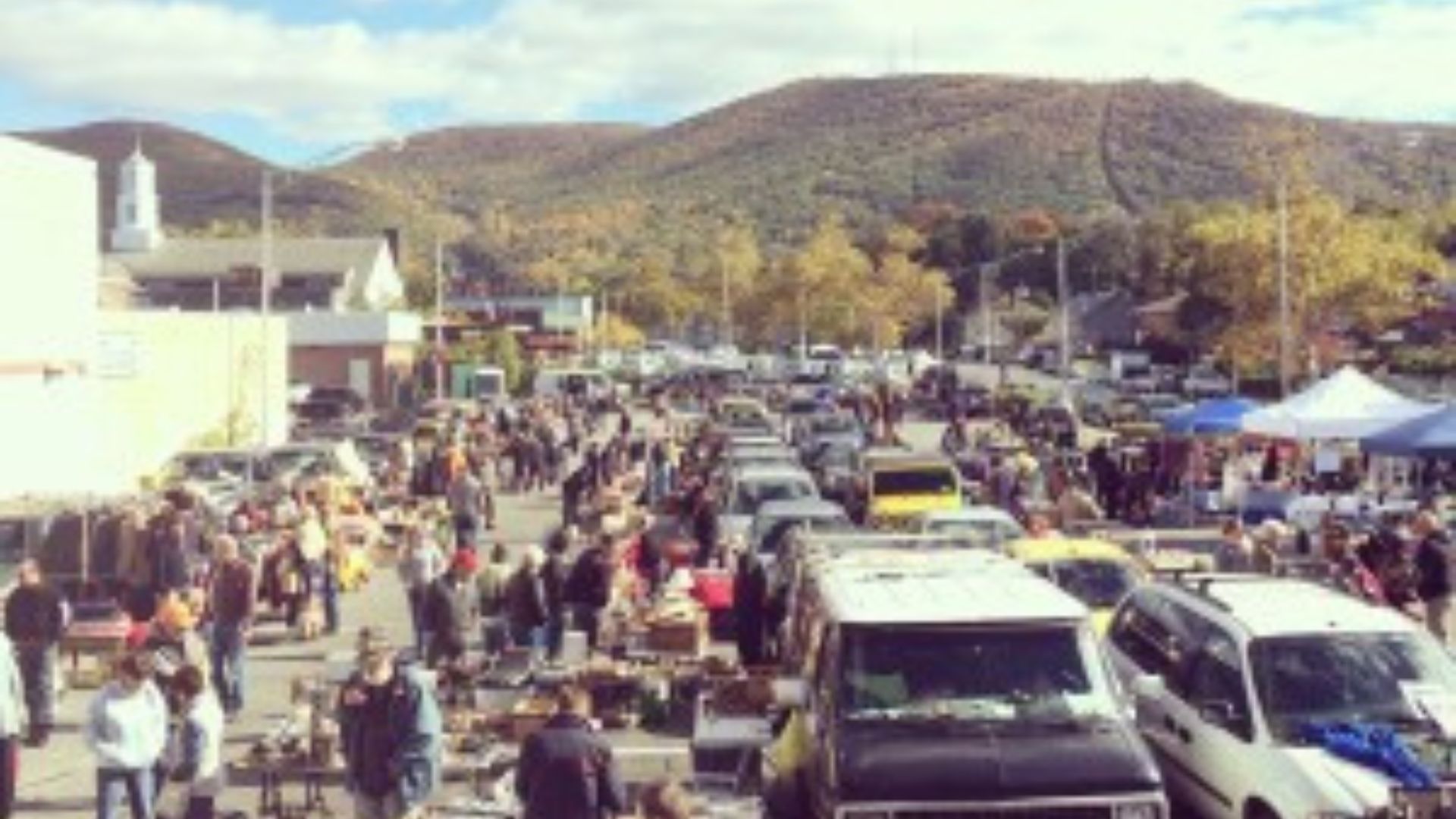 The Beacon Flea Market, with crowds of people, lines of vendors, and Mount Beacon in the background on a sunny day.