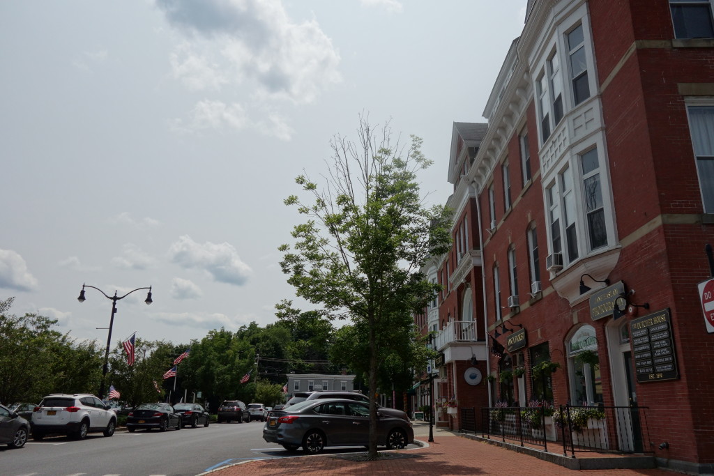 Cars parked along Charles Colman Boulevard in Pawling, with its ornate lamp posts and trees lining its brick sidewalks.