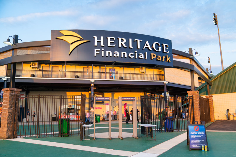 An exterior view of the main gate at Heritage Financial Park in Wappingers Falls, home of the Hudson Valley Renegades minor-league baseball team.