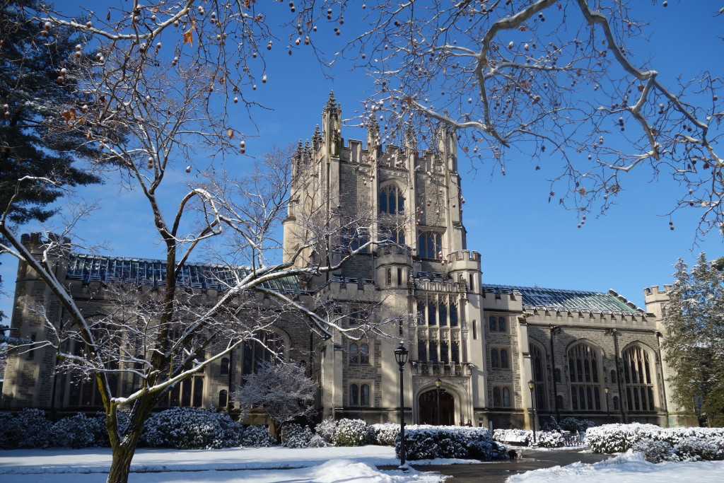 The exterior of Thompson Memorial Library, a gray stone building resembling a gothic castle on the campus of Vassar College in Poughkeepsie, under a clear blue sky with a dusting of snow on the front lawn.