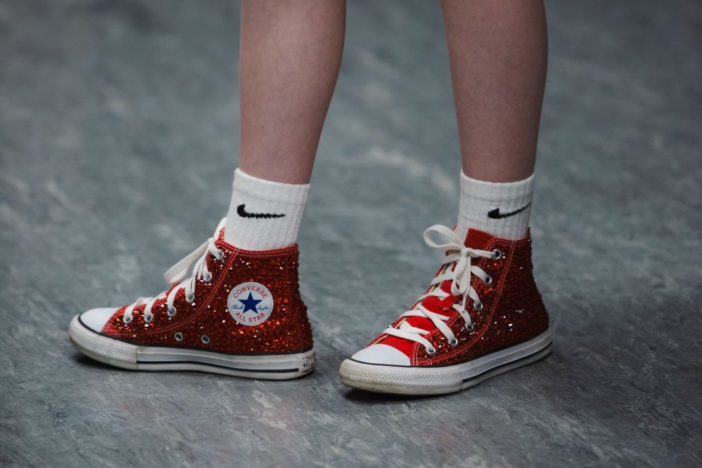 A pair of sparkly red Converse All-Stars made to look like Dorothy's red slippers from the Wizard of Oz, which is being performed at the Center for Performing Arts at Rhinebeck.