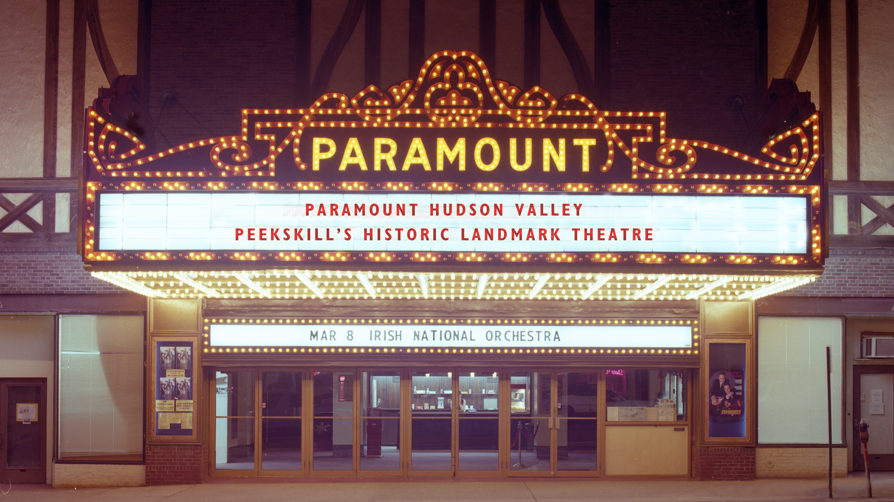 The lit up marquee of the Paramount Theater.