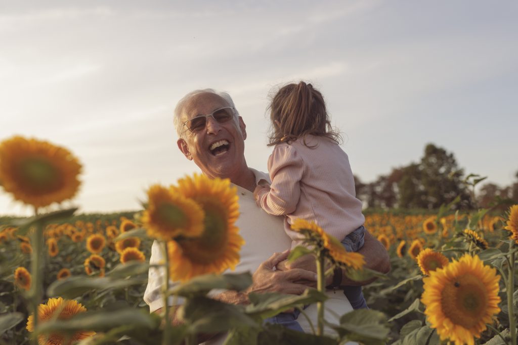 a grandfather in a white shirt smiles with joy while holding his small granddaughter surrounded by bright yellow sunflowers at Barton Orchards