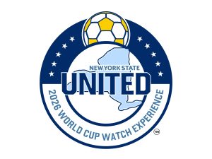 The logo of New York State United World Cup Watch Experience showing a soccer ball and outline of New York State.