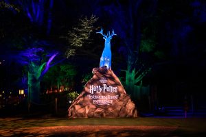 The entrance to the Harry Potter Experience featuring a white stag.