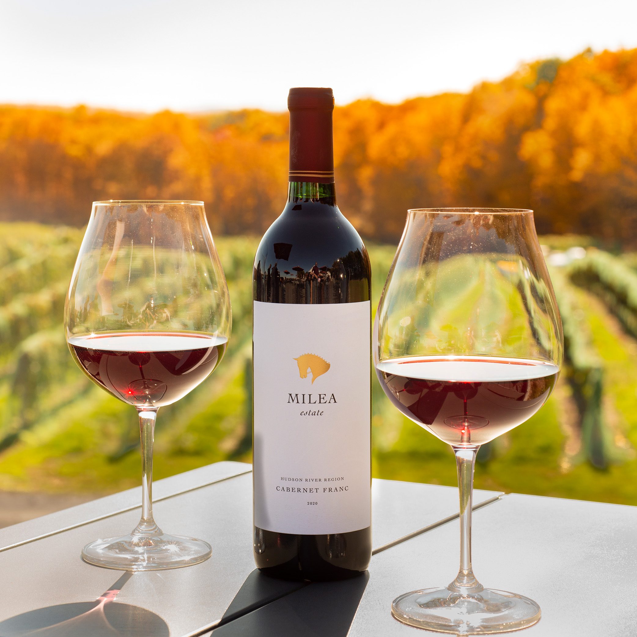 A bottle of wine and two wineglasses from Milea Estate Vineyard