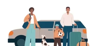 Graphic of a family packing up for a road trip