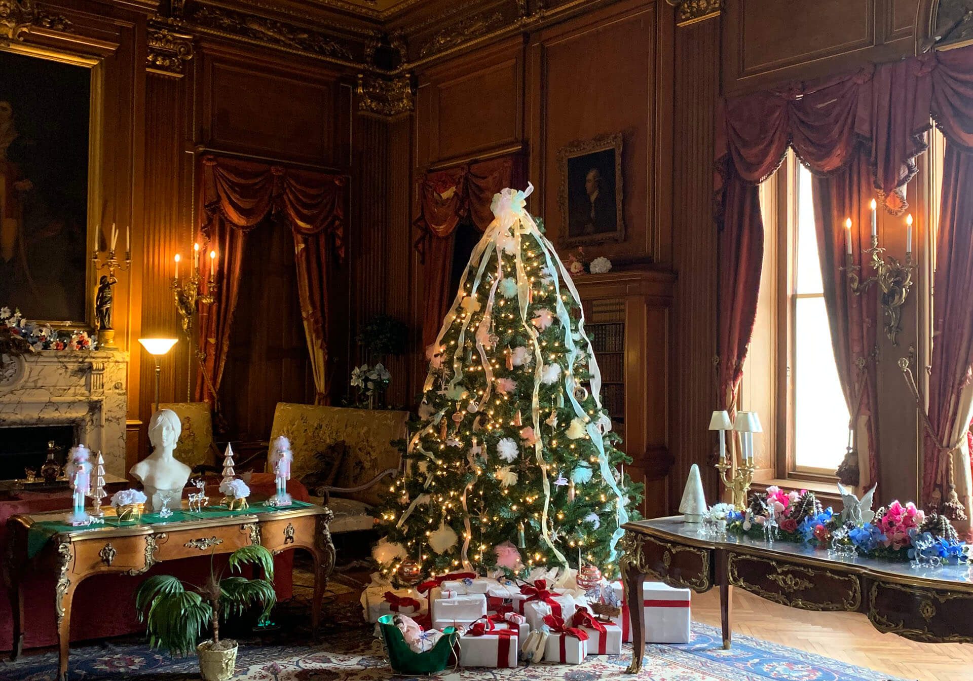 A Christmas Tree in one of the lavishly decorated rooms at Mills Mansion at Staatsburgh State Historic Site