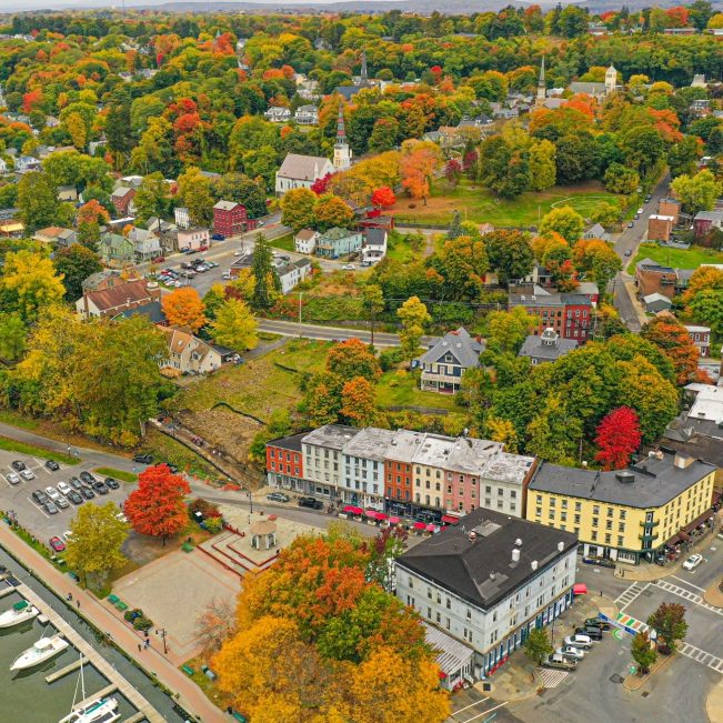 Aerial view of Kingston Waterfront in the fall, Ulster County