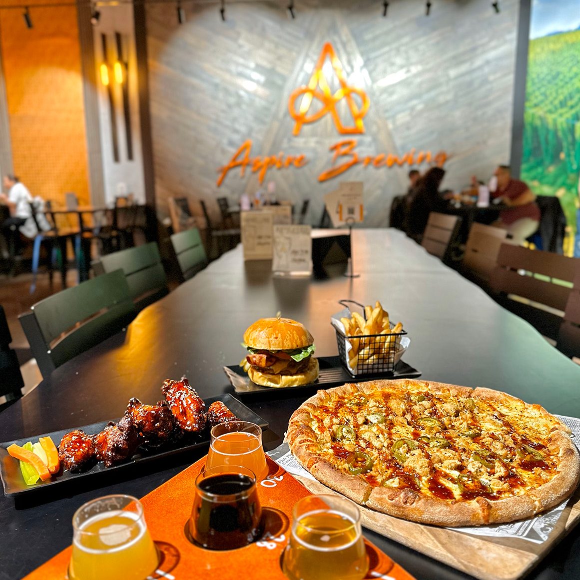 Beers, pizza, wings, and a burger at Aspire Brewing, Orange County