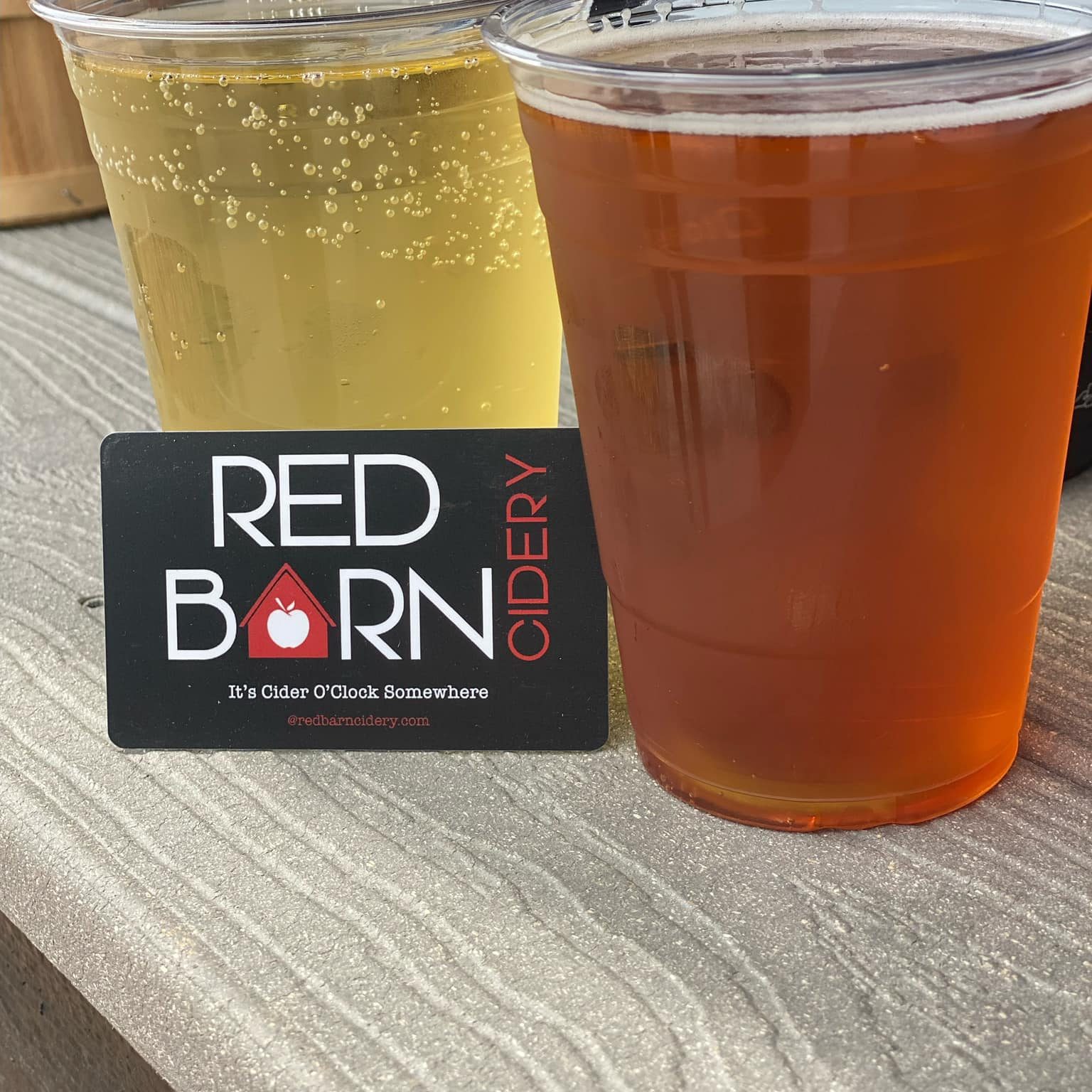 Cups of cider and business card from Red Barn Cidery in Rockland, NY