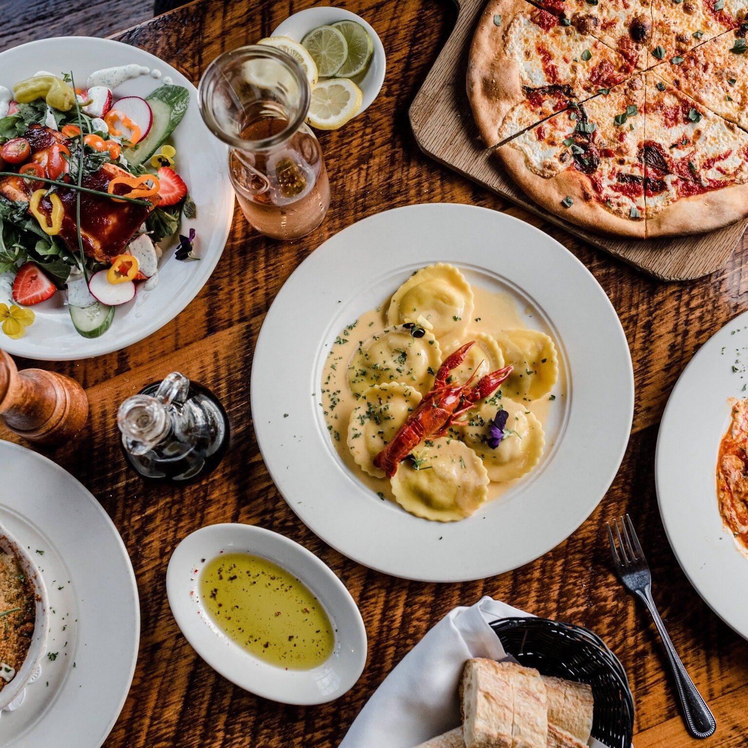 Millrock food ravioli, pizza, salad, lobster